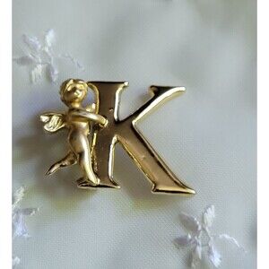 Vintage L Razza Initial Letter K  Angel Brooch Pin Gold Tone Signed 1"